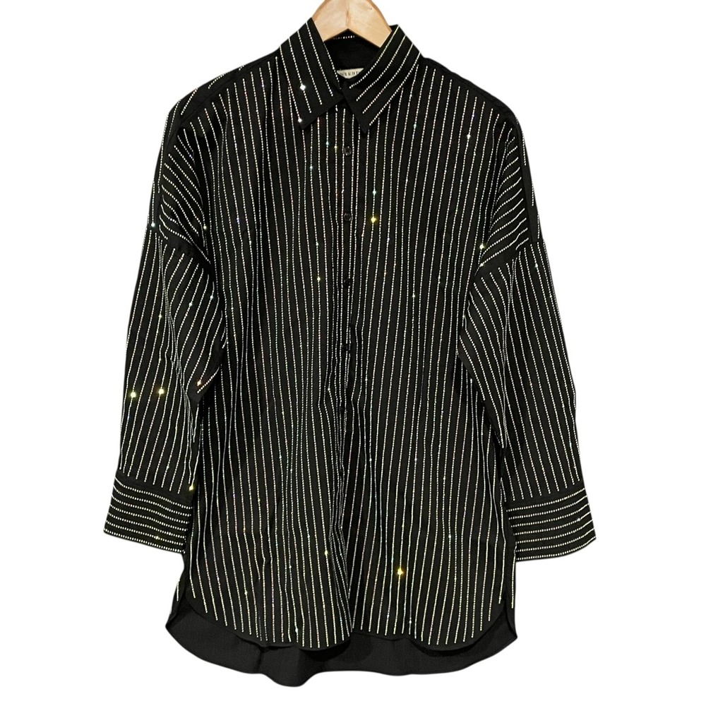 Maximalist Unisex Iridescent Rhinestone Button Front Top XL-2XL Oversized Disco